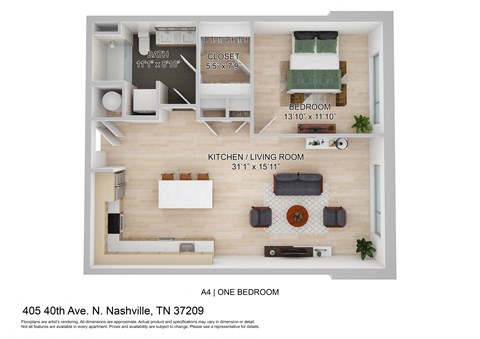 a sq ft apartment with a bedroom and a living room